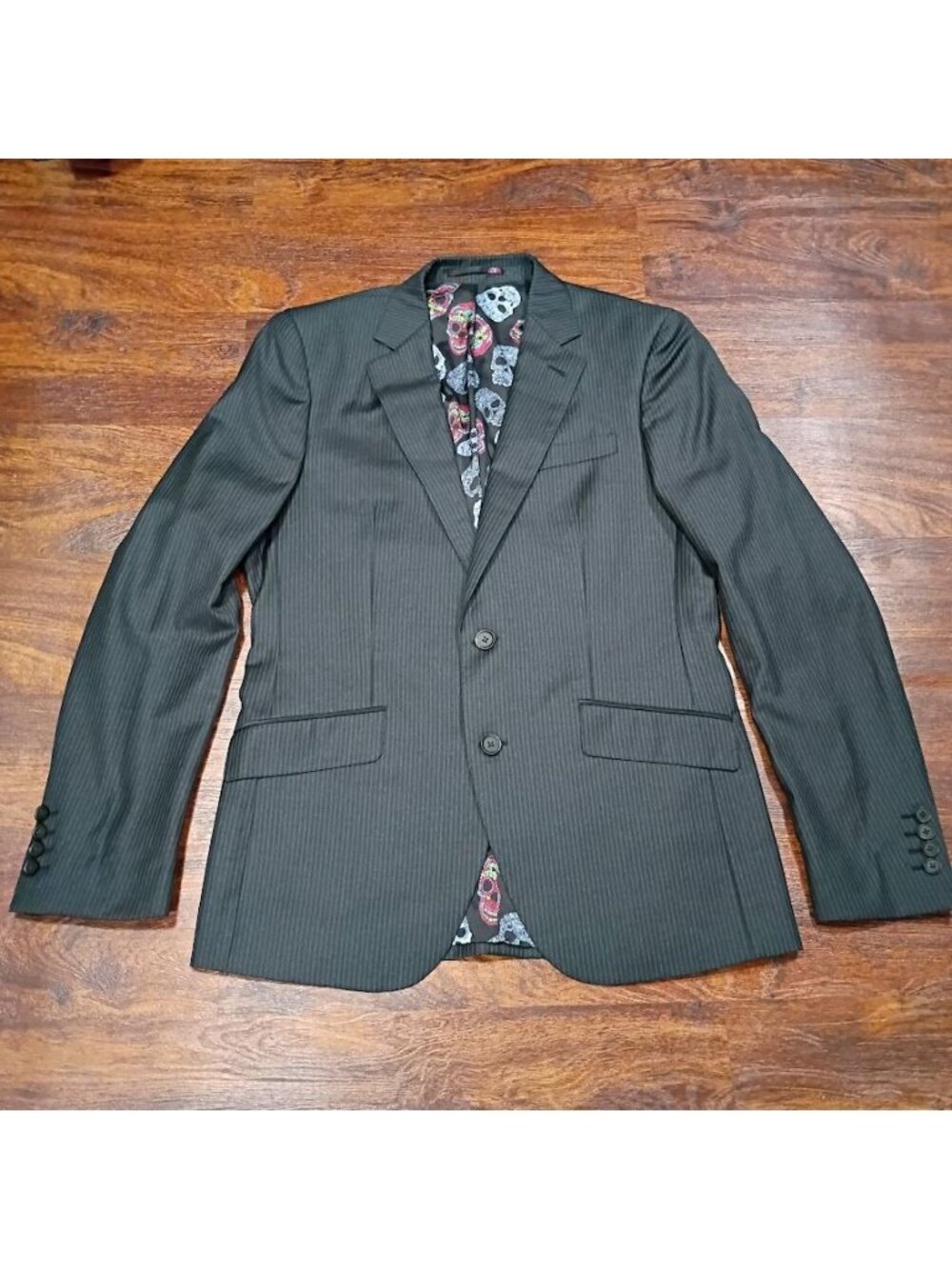 Sabestian Grey M Dark Gray Pinstripe Suit Blazer With Skull Liner Modern Slim Fi - Picture 4 of 15